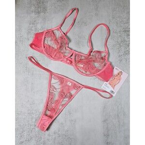 Roma Confidential Embroidered Bra and Thong Lingerie Set, Coral Pink, Size XL